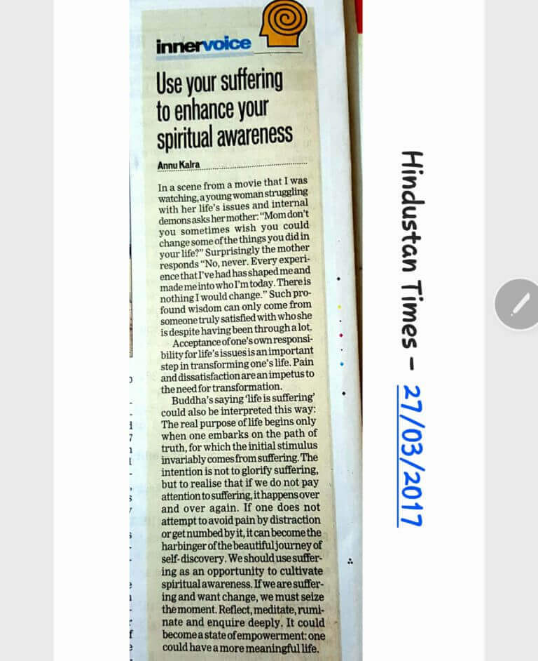 Article by Annu Kalra in Inner Voice, HT Delhi